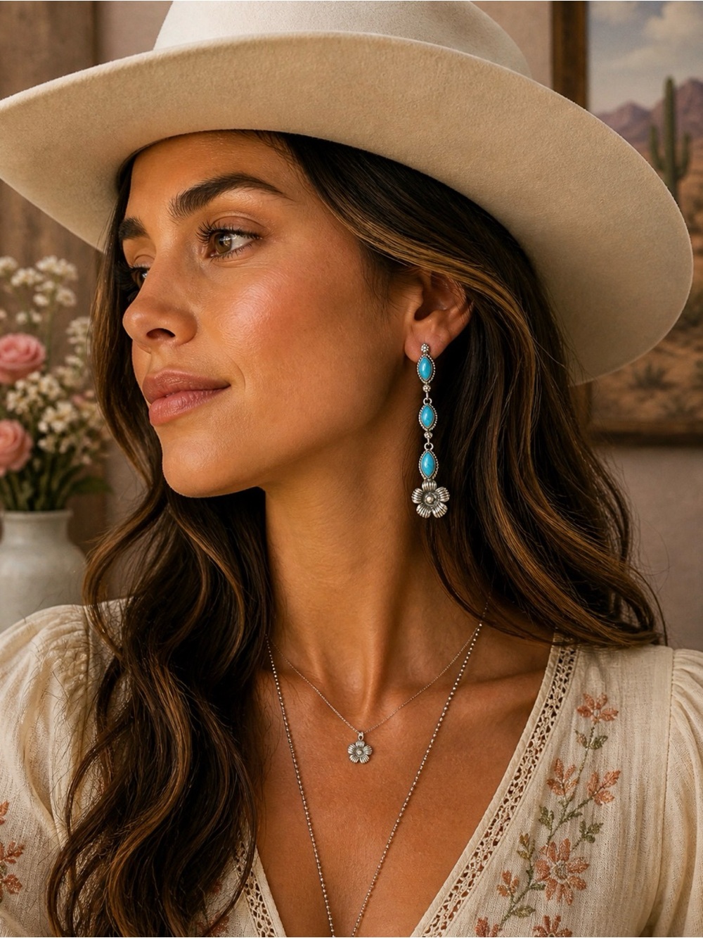 Earrings 925 Sterling Silver Long Dangle Floral Genuine Turquoise